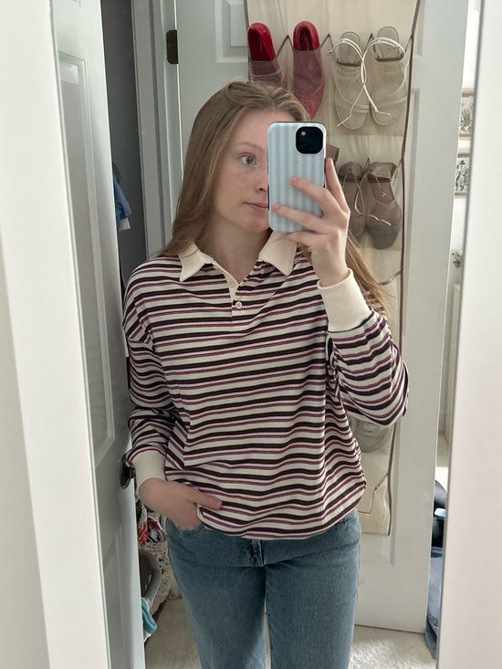 Tops - Striped Long Sleeve Polo Top in Cream and Burgundy